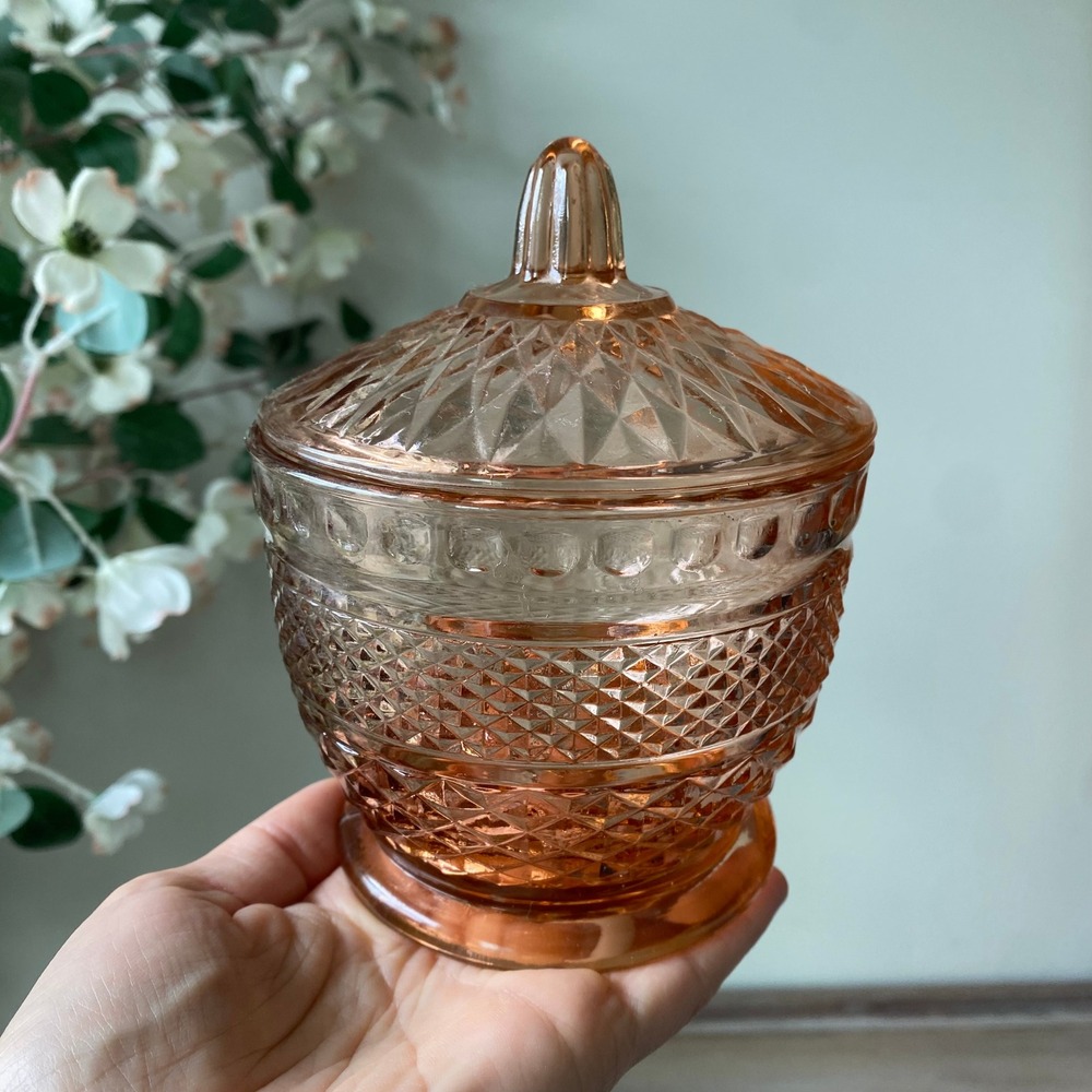 Vintage Pink Depression Glass Candy Dish with Lid